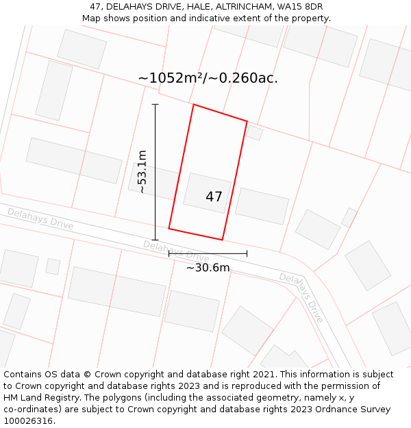 47, DELAHAYS DRIVE, HALE, ALTRINCHAM, WA15 8DR: Plot and title map
