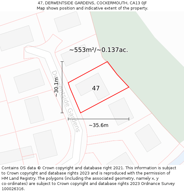 47, DERWENTSIDE GARDENS, COCKERMOUTH, CA13 0JF: Plot and title map