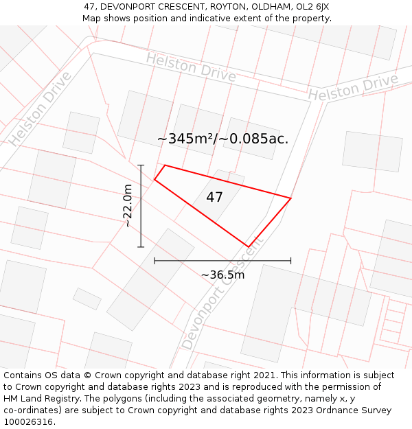 47, DEVONPORT CRESCENT, ROYTON, OLDHAM, OL2 6JX: Plot and title map