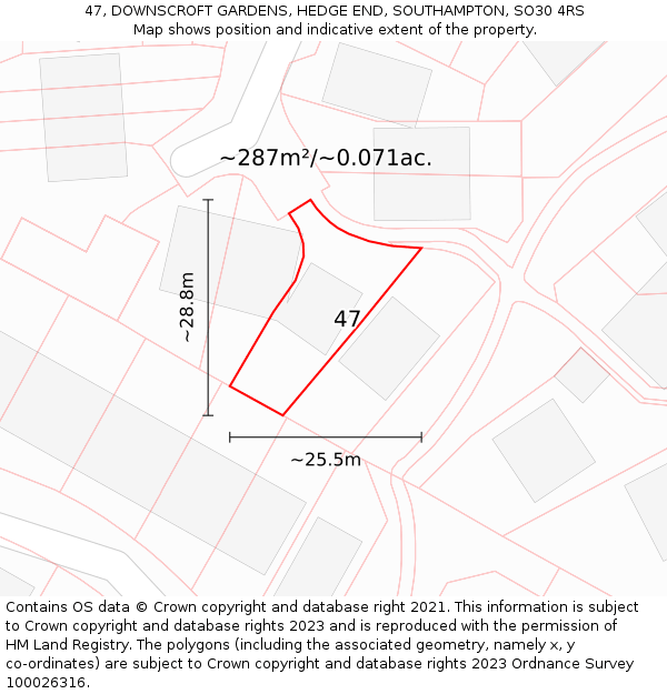 47, DOWNSCROFT GARDENS, HEDGE END, SOUTHAMPTON, SO30 4RS: Plot and title map