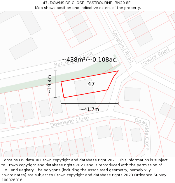 47, DOWNSIDE CLOSE, EASTBOURNE, BN20 8EL: Plot and title map
