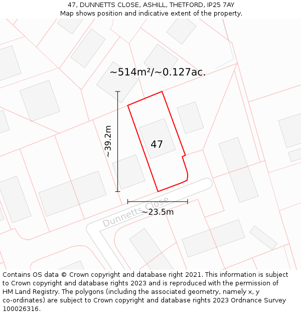 47, DUNNETTS CLOSE, ASHILL, THETFORD, IP25 7AY: Plot and title map