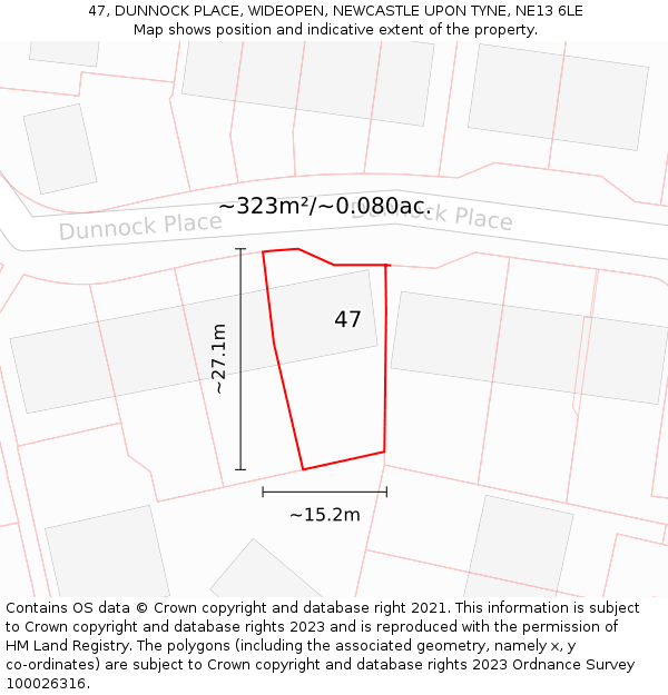 47, DUNNOCK PLACE, WIDEOPEN, NEWCASTLE UPON TYNE, NE13 6LE: Plot and title map