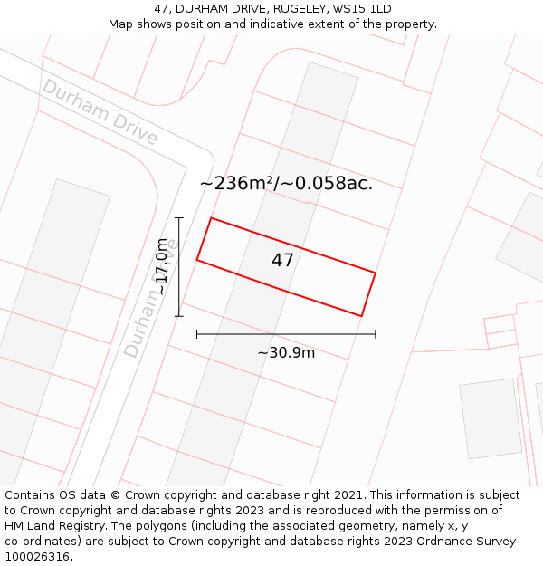 47, DURHAM DRIVE, RUGELEY, WS15 1LD: Plot and title map