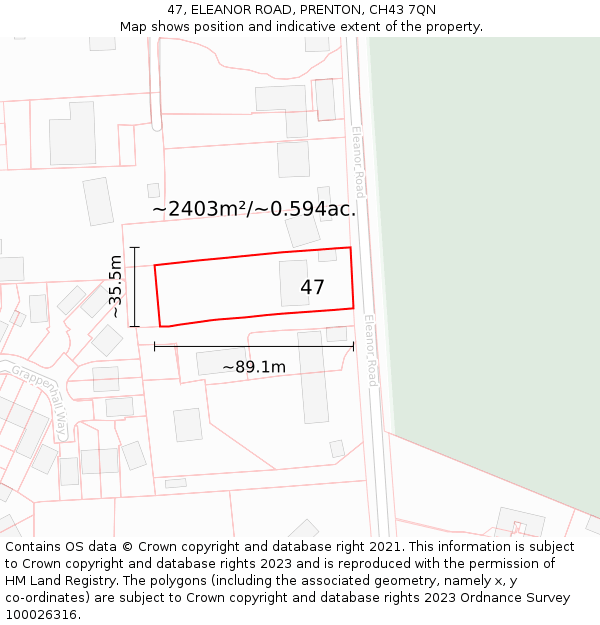 47, ELEANOR ROAD, PRENTON, CH43 7QN: Plot and title map