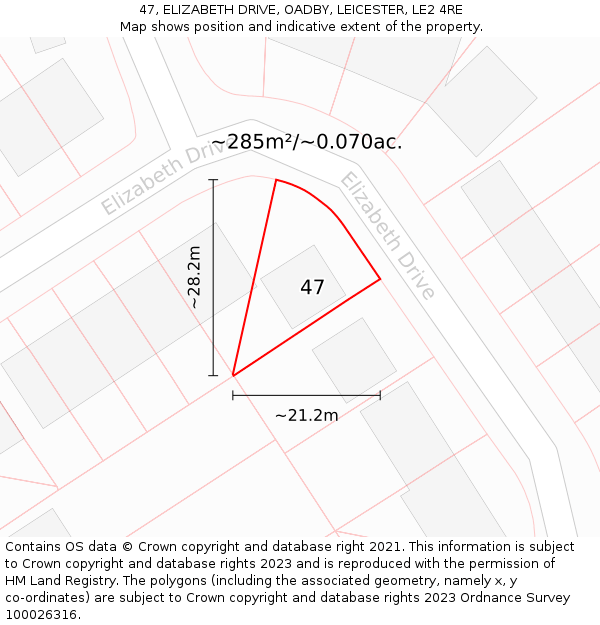 47, ELIZABETH DRIVE, OADBY, LEICESTER, LE2 4RE: Plot and title map