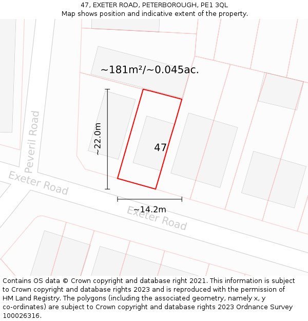 47, EXETER ROAD, PETERBOROUGH, PE1 3QL: Plot and title map