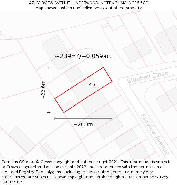47, FAIRVIEW AVENUE, UNDERWOOD, NOTTINGHAM, NG16 5GD: Plot and title map