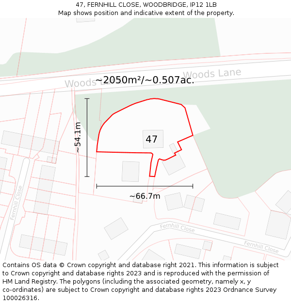 47, FERNHILL CLOSE, WOODBRIDGE, IP12 1LB: Plot and title map