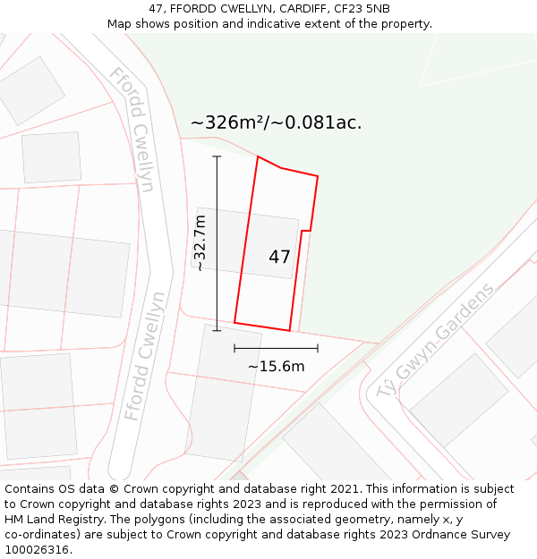 47, FFORDD CWELLYN, CARDIFF, CF23 5NB: Plot and title map