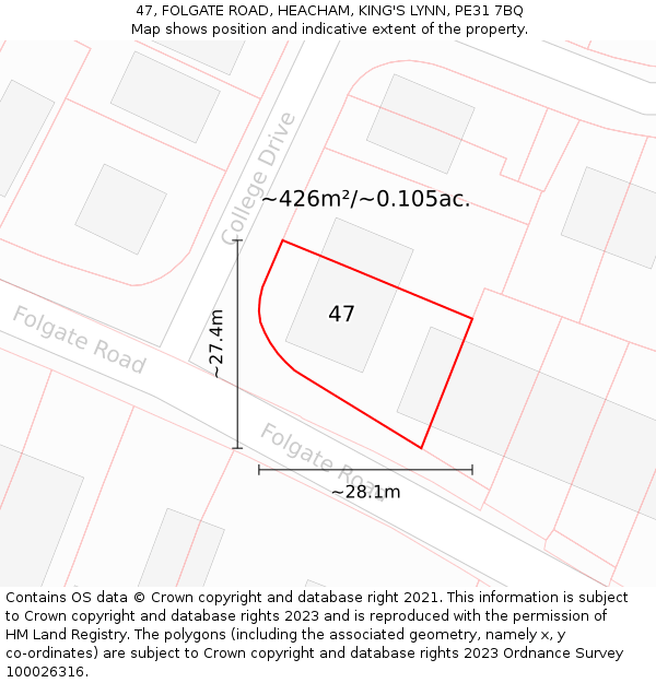 47, FOLGATE ROAD, HEACHAM, KING'S LYNN, PE31 7BQ: Plot and title map