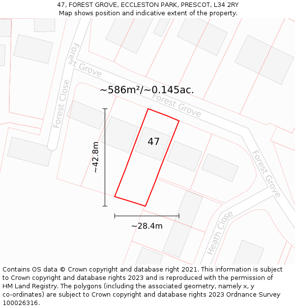 47, FOREST GROVE, ECCLESTON PARK, PRESCOT, L34 2RY: Plot and title map