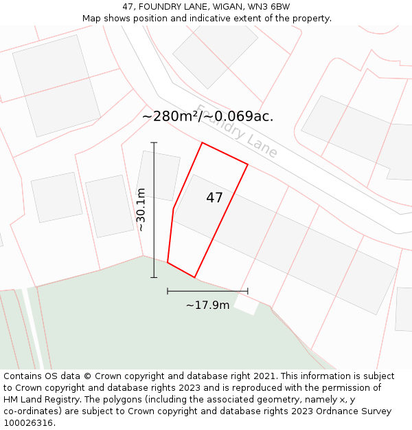 47, FOUNDRY LANE, WIGAN, WN3 6BW: Plot and title map