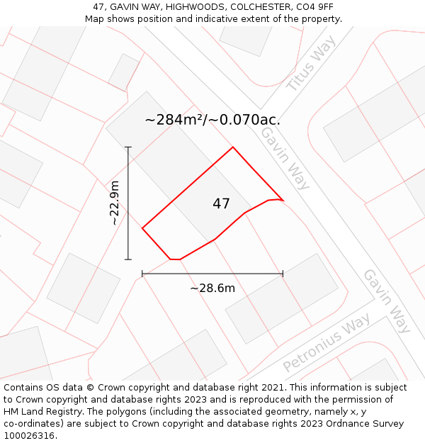 47, GAVIN WAY, HIGHWOODS, COLCHESTER, CO4 9FF: Plot and title map