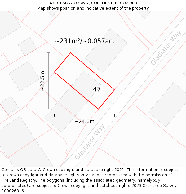 47, GLADIATOR WAY, COLCHESTER, CO2 9PR: Plot and title map