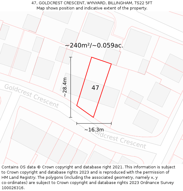 47, GOLDCREST CRESCENT, WYNYARD, BILLINGHAM, TS22 5FT: Plot and title map