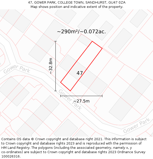 47, GOWER PARK, COLLEGE TOWN, SANDHURST, GU47 0ZA: Plot and title map