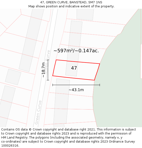 47, GREEN CURVE, BANSTEAD, SM7 1NS: Plot and title map