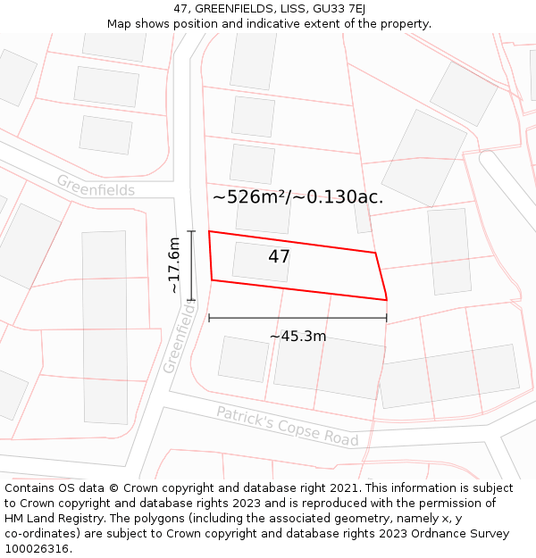 47, GREENFIELDS, LISS, GU33 7EJ: Plot and title map