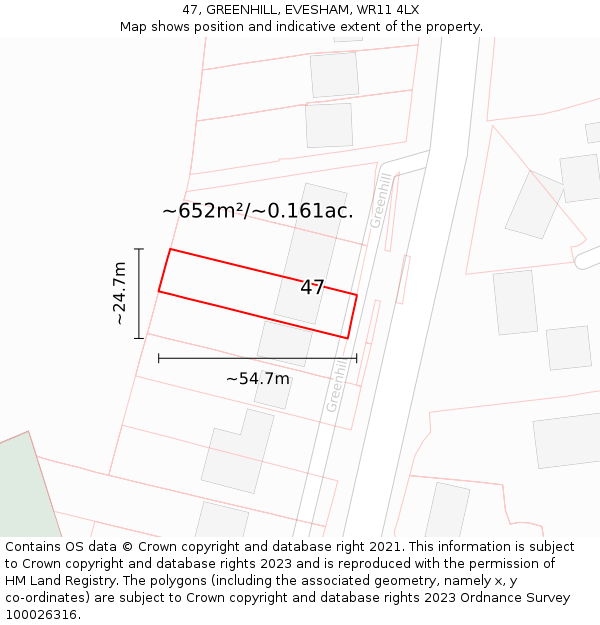 47, GREENHILL, EVESHAM, WR11 4LX: Plot and title map