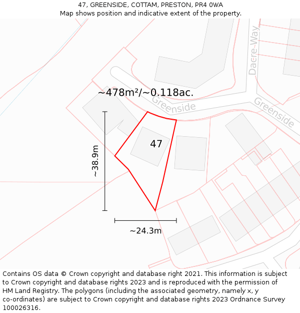 47, GREENSIDE, COTTAM, PRESTON, PR4 0WA: Plot and title map