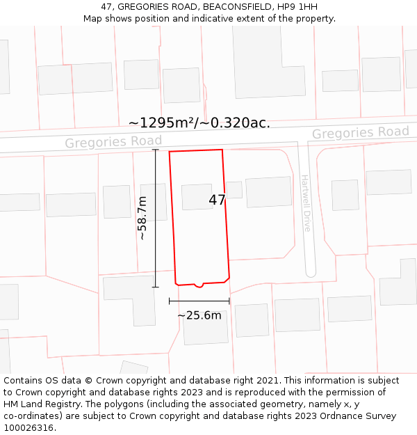 47, GREGORIES ROAD, BEACONSFIELD, HP9 1HH: Plot and title map