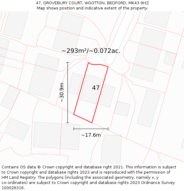 47, GROVEBURY COURT, WOOTTON, BEDFORD, MK43 9HZ: Plot and title map