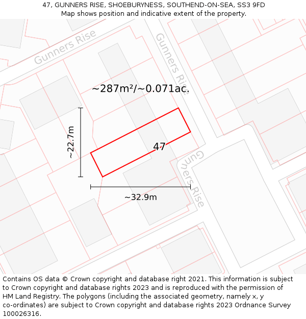 47, GUNNERS RISE, SHOEBURYNESS, SOUTHEND-ON-SEA, SS3 9FD: Plot and title map