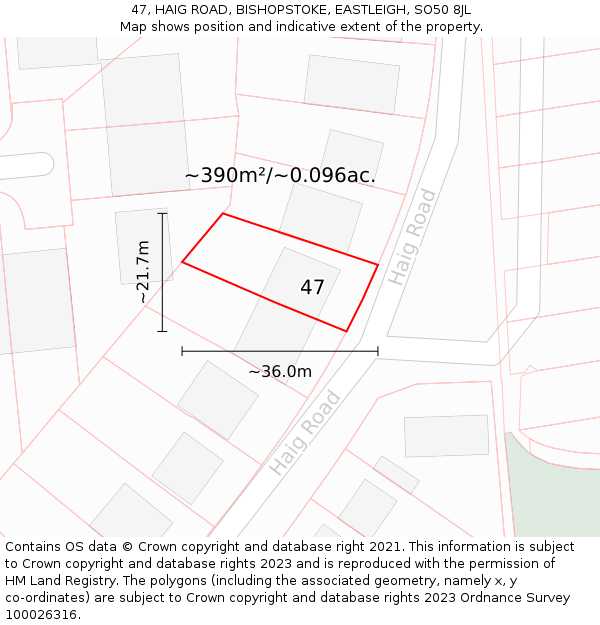 47, HAIG ROAD, BISHOPSTOKE, EASTLEIGH, SO50 8JL: Plot and title map