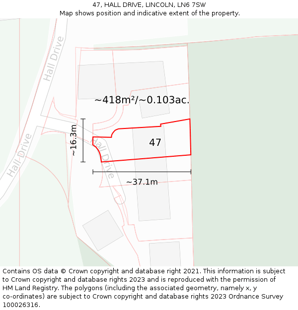 47, HALL DRIVE, LINCOLN, LN6 7SW: Plot and title map