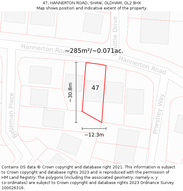47, HANNERTON ROAD, SHAW, OLDHAM, OL2 8HX: Plot and title map