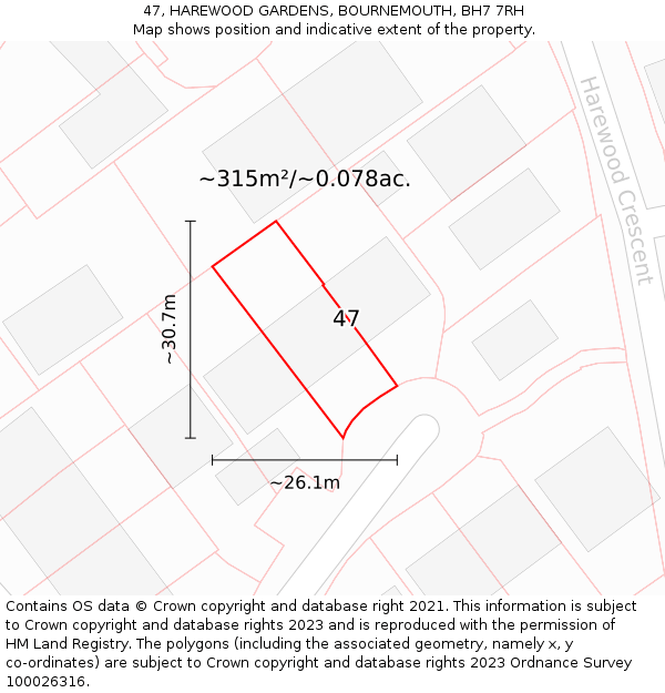 47, HAREWOOD GARDENS, BOURNEMOUTH, BH7 7RH: Plot and title map