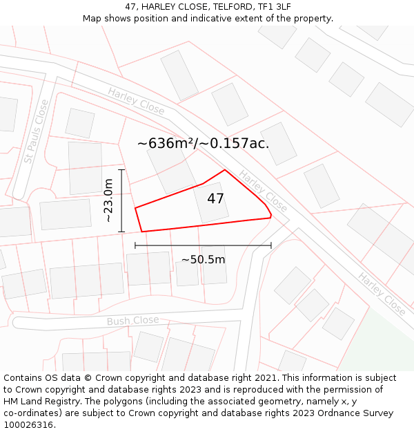 47, HARLEY CLOSE, TELFORD, TF1 3LF: Plot and title map
