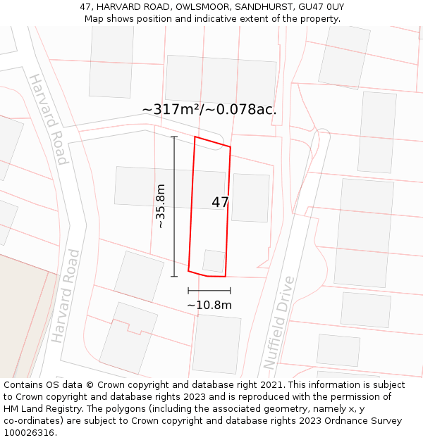 47, HARVARD ROAD, OWLSMOOR, SANDHURST, GU47 0UY: Plot and title map