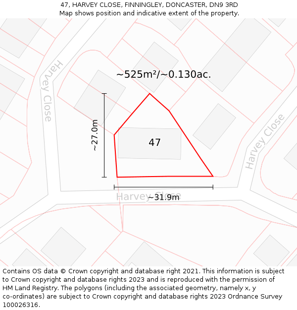47, HARVEY CLOSE, FINNINGLEY, DONCASTER, DN9 3RD: Plot and title map