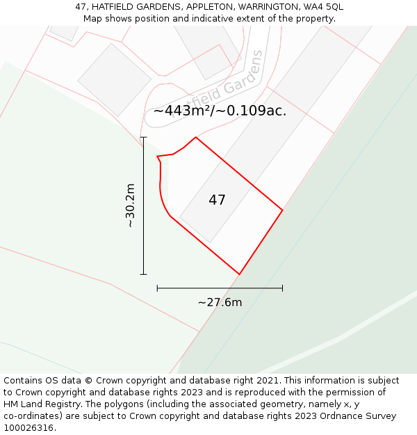 47, HATFIELD GARDENS, APPLETON, WARRINGTON, WA4 5QL: Plot and title map