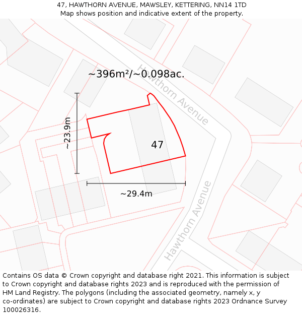 47, HAWTHORN AVENUE, MAWSLEY, KETTERING, NN14 1TD: Plot and title map