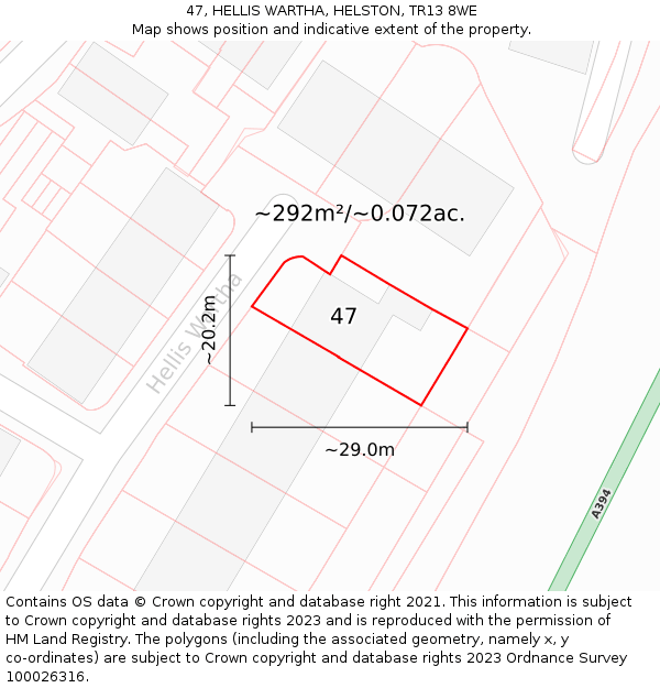 47, HELLIS WARTHA, HELSTON, TR13 8WE: Plot and title map