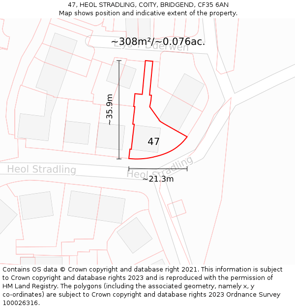 47, HEOL STRADLING, COITY, BRIDGEND, CF35 6AN: Plot and title map