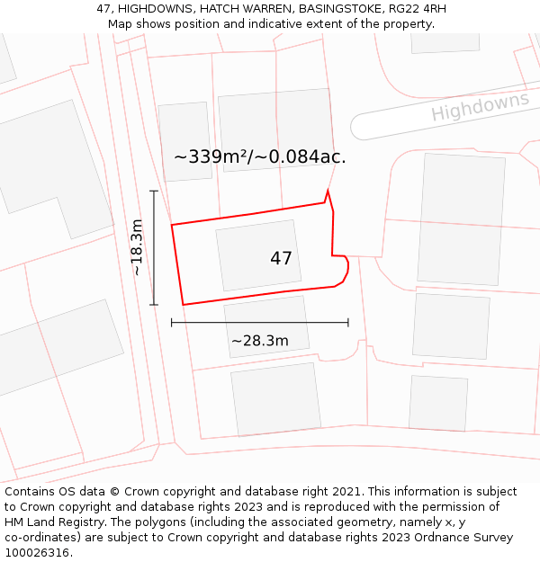 47, HIGHDOWNS, HATCH WARREN, BASINGSTOKE, RG22 4RH: Plot and title map