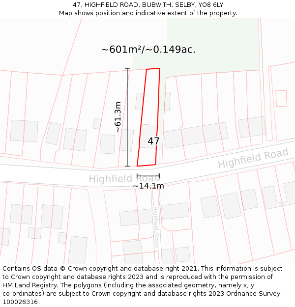 47, HIGHFIELD ROAD, BUBWITH, SELBY, YO8 6LY: Plot and title map