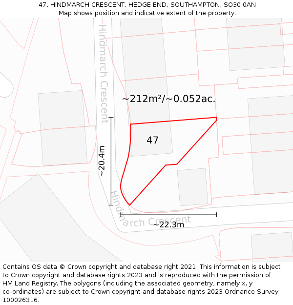 47, HINDMARCH CRESCENT, HEDGE END, SOUTHAMPTON, SO30 0AN: Plot and title map
