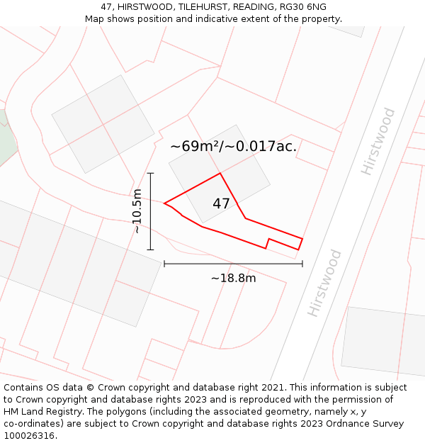 47, HIRSTWOOD, TILEHURST, READING, RG30 6NG: Plot and title map