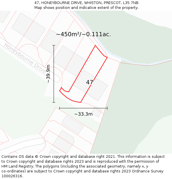 47, HONEYBOURNE DRIVE, WHISTON, PRESCOT, L35 7NB: Plot and title map