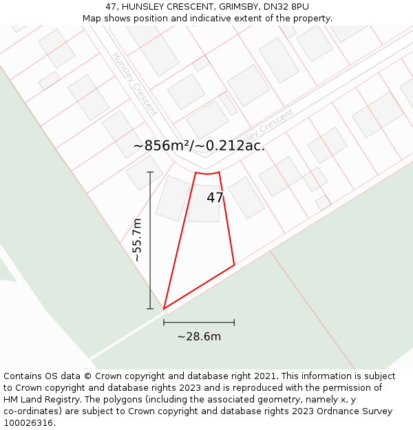 47, HUNSLEY CRESCENT, GRIMSBY, DN32 8PU: Plot and title map
