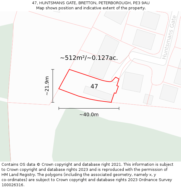 47, HUNTSMANS GATE, BRETTON, PETERBOROUGH, PE3 9AU: Plot and title map