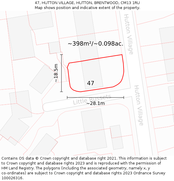 47, HUTTON VILLAGE, HUTTON, BRENTWOOD, CM13 1RU: Plot and title map