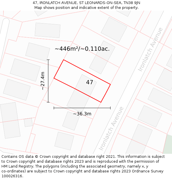 47, IRONLATCH AVENUE, ST LEONARDS-ON-SEA, TN38 9JN: Plot and title map