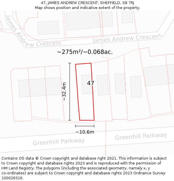 47, JAMES ANDREW CRESCENT, SHEFFIELD, S8 7RJ: Plot and title map