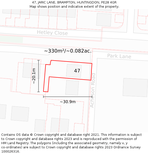 47, JARIC LANE, BRAMPTON, HUNTINGDON, PE28 4GR: Plot and title map